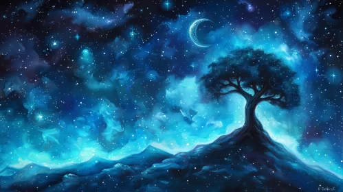 Enchanting Starry Night Sky with Moon and Tree