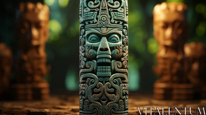 AI ART Mayan Totem Pole 3D Rendering | Green Stone Human Face