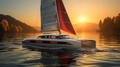 Red Sail Catamaran Sailing on Lake at Sunset