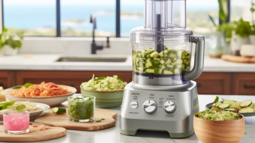 Silver Food Processor on Kitchen Counter with Fresh Ingredients