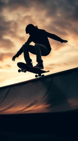 Skateboarder Silhouette Jumping at Sunset