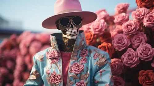Skeleton in Pink Hat and Sunglasses Among Roses