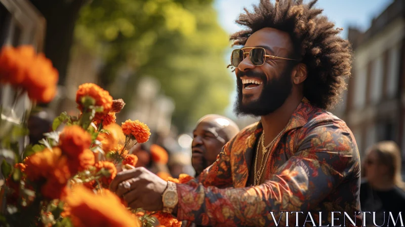 Smiling Man with Afro Hairstyle and Flowers AI Image