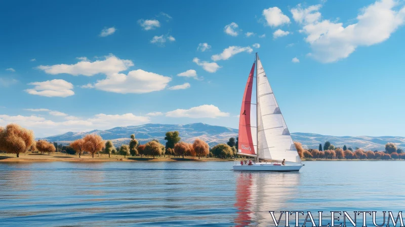 AI ART Tranquil Sailboat Scene on Lake with Mountains and Trees