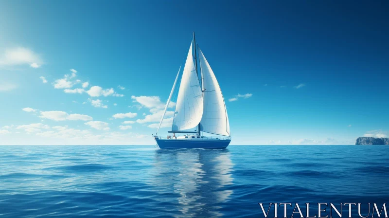 Tranquil Seascape with White and Blue Sailboat AI Image