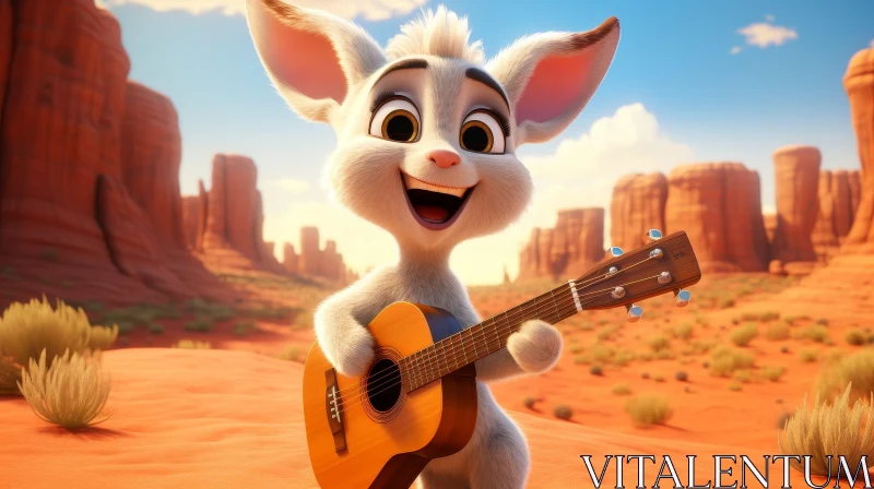 Cartoon Rabbit Playing Guitar in Desert AI Image