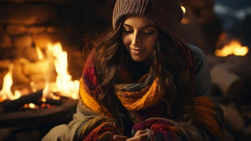 Cozy Fireplace Scene with Young Woman