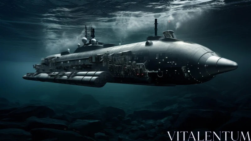 Exploring the Depths: Dark Gray Submarine Underwater AI Image