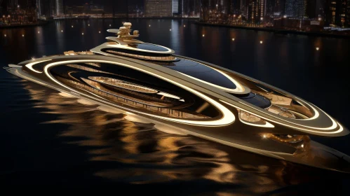 Futuristic Yacht Anchored in City Bay at Night