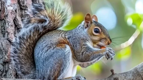 Gray and White Squirrel Eating Nut on Tree Branch
