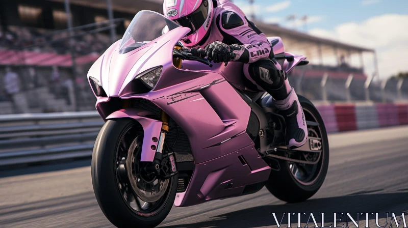 Pink Motorcycle Rider on Race Track AI Image