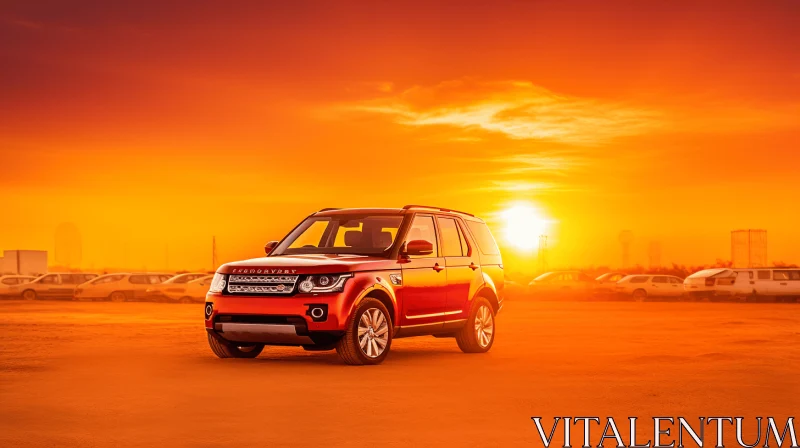 Red Land Rover in Parking Lot at Sunset | Vibrant Artwork AI Image