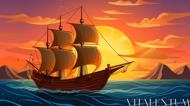 Sailing Ship at Sea - Sunset Digital Painting AI Image