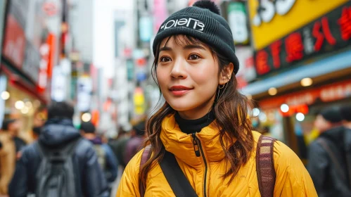 Smiling Asian Woman in Tokyo Street Scene