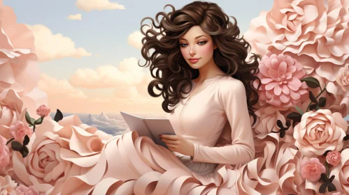 Young Woman Reading Book in Pink Flowers