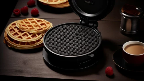 Black Waffle Maker on Wooden Table with Coffee and Raspberries