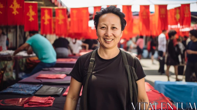 Cheerful Chinese Woman in Market Scene AI Image