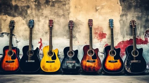 Colorful Acoustic Guitars Against Grunge Wall