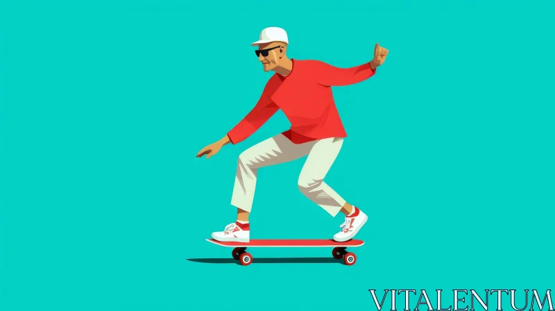 Elderly Man Skateboarding in Red Sweater AI Image