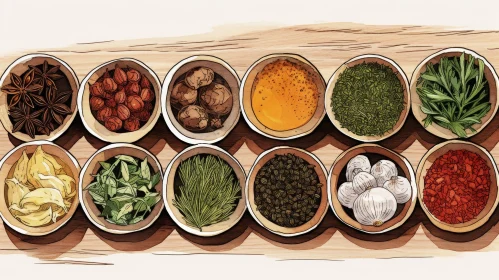 Exquisite Display of Spices and Herbs in 10 Bowls