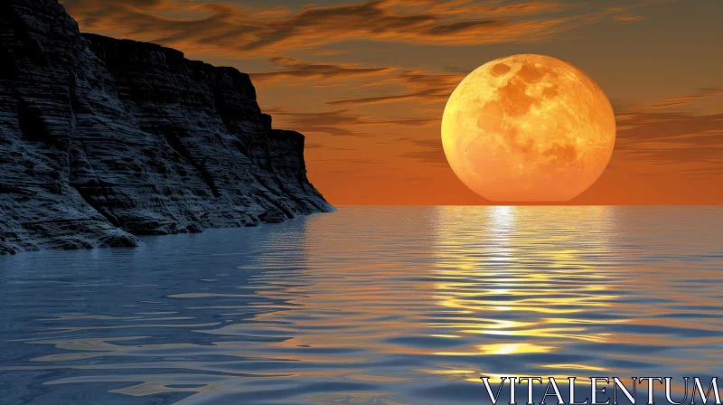 AI ART Full Moon Rising Over Ocean - Serene Landscape