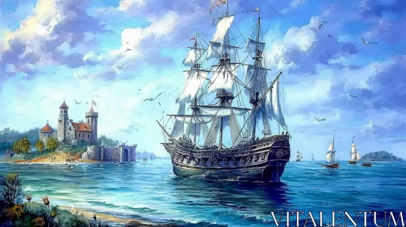 Large Sailing Ship at Sea Painting AI Image