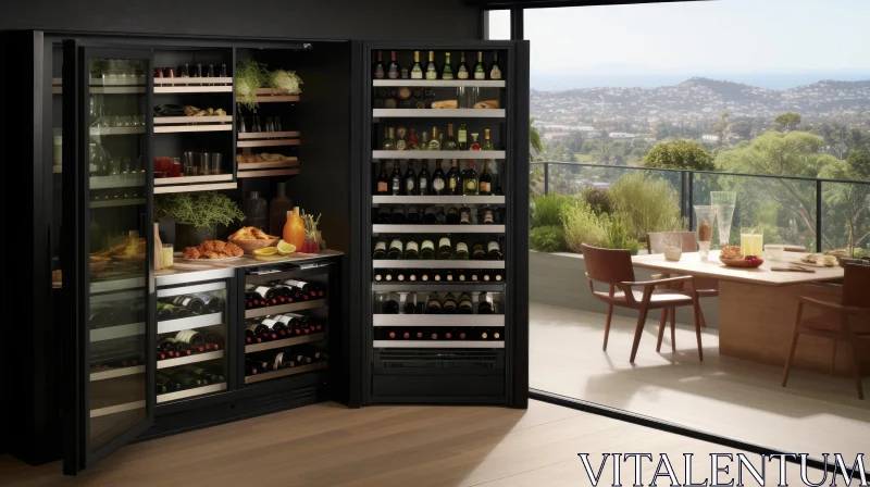 Modern Kitchen with Wine Fridge and City View AI Image