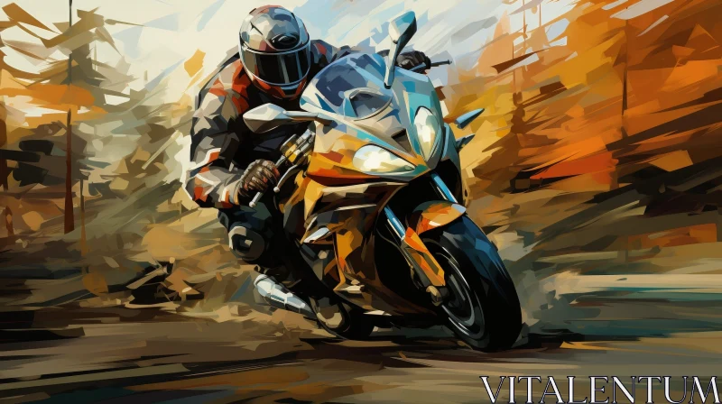 Motorcyclist Riding on Winding Road - Realistic Painting AI Image