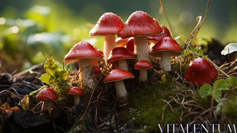 AI ART Red Mushroom Cluster on Green Moss
