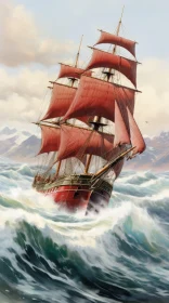 Red Ship in Rough Sea Painting