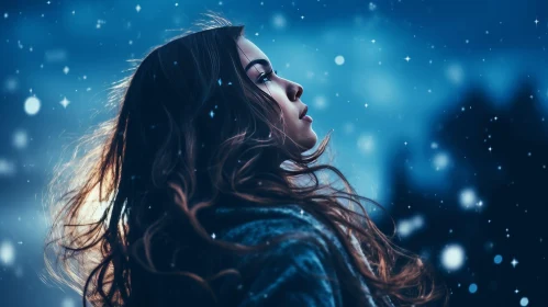 Winter Wonder: Woman in Snowy Forest with Stars