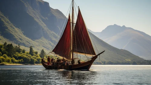 Wooden Viking Ship Sailing on Lake with Red Sail
