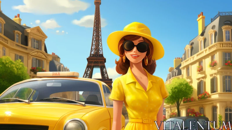 Young Woman at Eiffel Tower in Cartoon Style AI Image