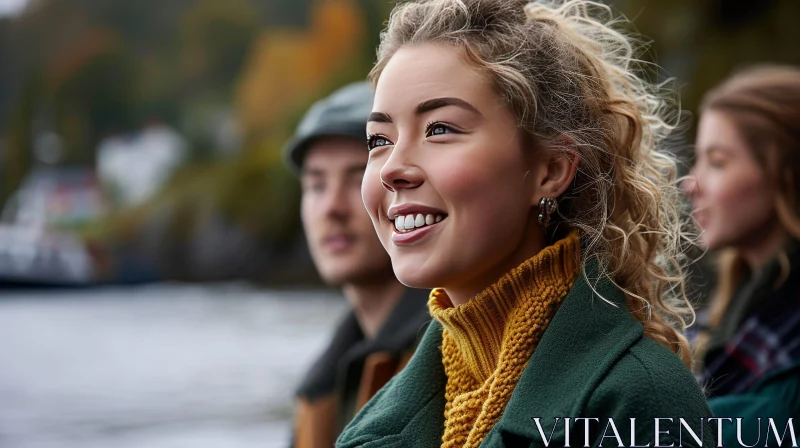 Young Woman in Green Coat Smiling Outdoors AI Image
