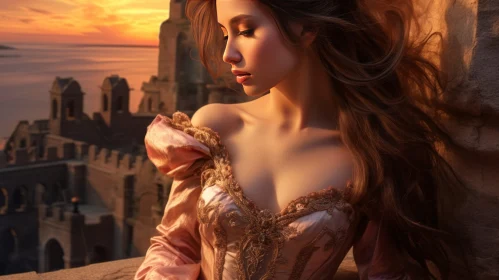 Young Woman in Pink Dress at Sunset