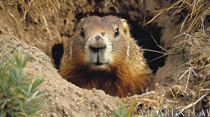 Brown Groundhog Peeking Out of Burrow in Grassy Field AI Image