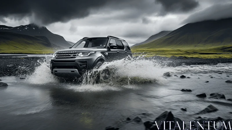 Captivating Land Rover SUV Maneuvering through a Waterway under a Stormy Sky AI Image