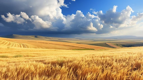 Golden Wheat Field Landscape Under Sunny Sky