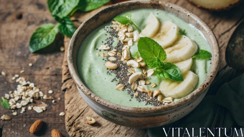 Green Smoothie Bowl on Wooden Table AI Image