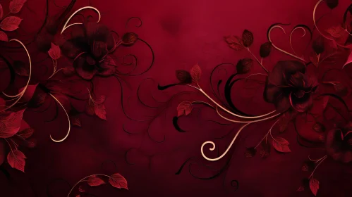 Luxurious Black Flowers and Gold Leaves Pattern on Dark Red Background