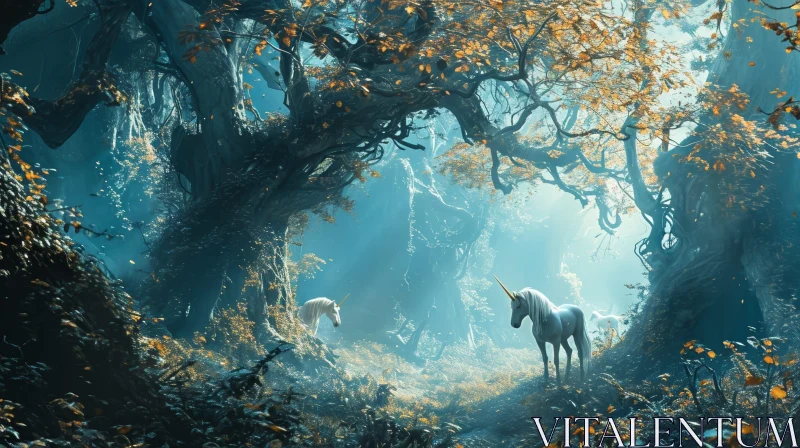 Enchanted Forest with White Unicorns AI Image