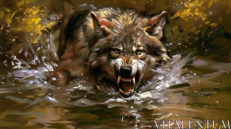 Ferocious Wolf Running Through River AI Image
