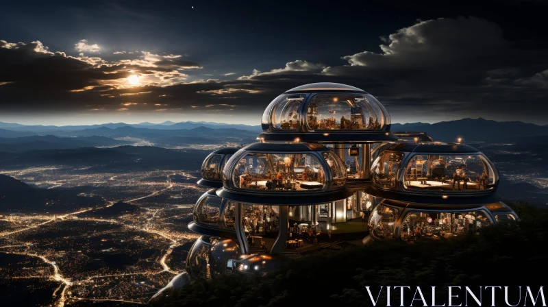 Futuristic City on Mountain: Night View of Technologically Advanced Urban Landscape AI Image