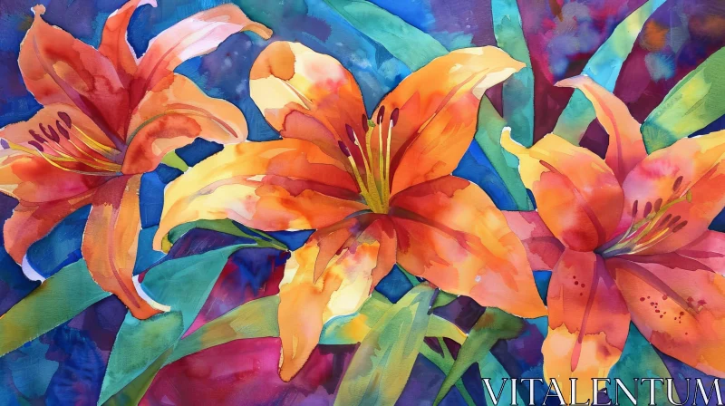 Orange Lilies Watercolor Painting - Vibrant Bloom Artwork AI Image