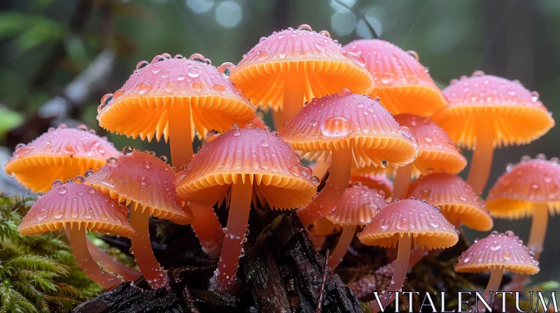 Pink and Orange Mushrooms with Water Droplets in Forest AI Image
