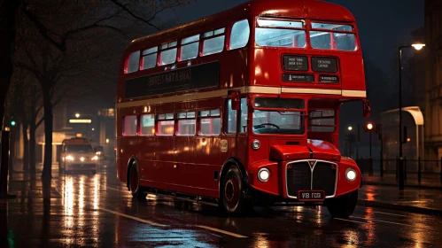 Red Double-Decker Bus in Rainy City Night Scene