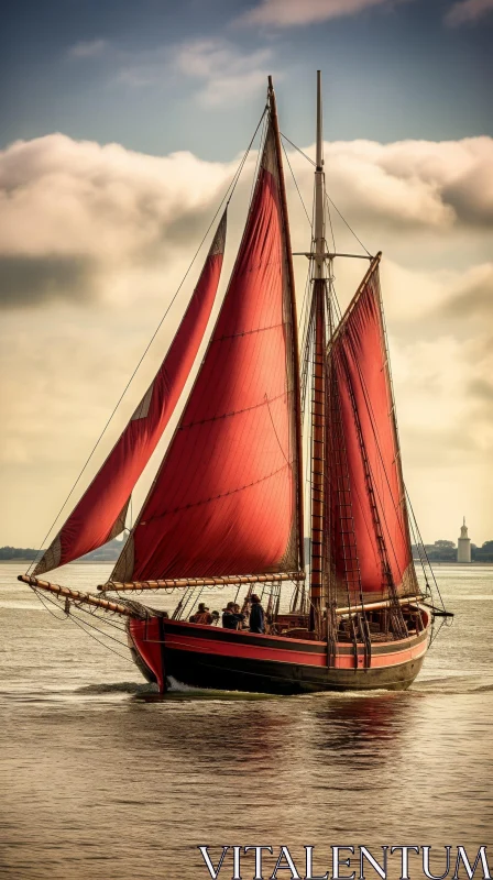 Red Sails Sailing Ship on Calm Waters AI Image