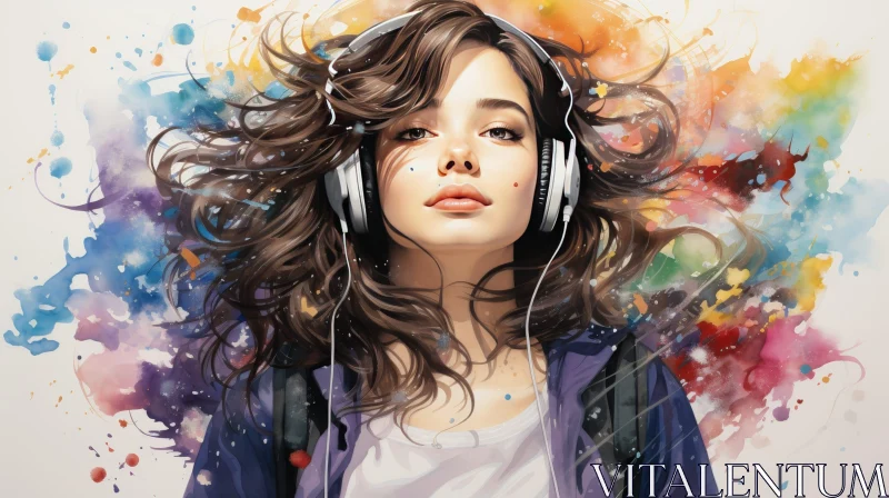 Serious Young Woman Portrait with Headphones and Watercolor Background AI Image