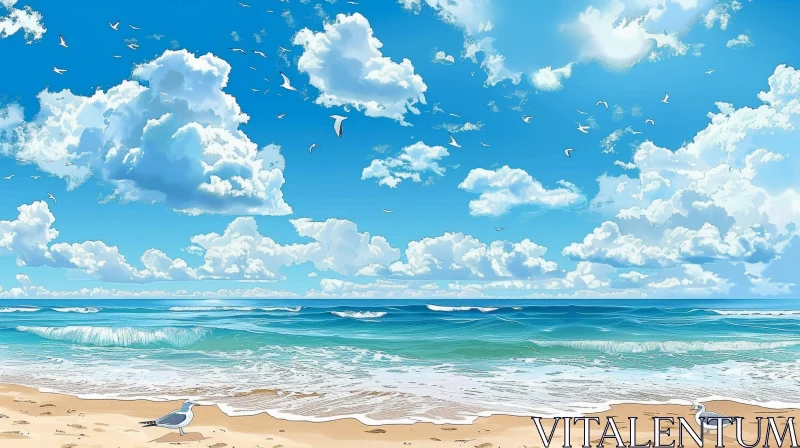 Tranquil Beach Scene with Sun, Waves, and Seagulls AI Image