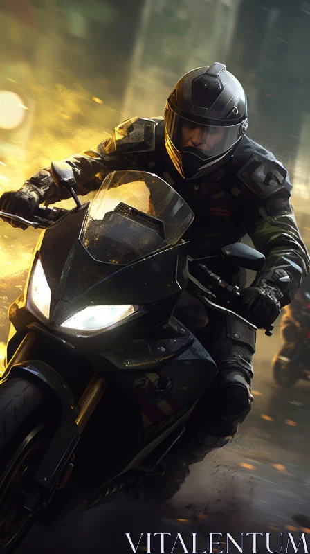 AI ART Black and Green Armored Motorcycle Rider in Flames